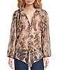 MELLODAY Animal Print Chiffon Ruffle V-Neck Long Sleeve Button Front Blouse, Color:Brown Multi - Image 2