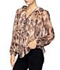 MELLODAY Animal Print Chiffon Ruffle V-Neck Long Sleeve Button Front Blouse, Color:Brown Multi - Image 4