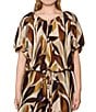 MELLODAY Coordinating Leaf Print Gathered Neck Short Puff Sleeve Top - Image 1
