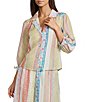 Melloday Coordinating Patchwork Print Organza Notched Spread Collar 3/4 Sleeve Boxy Button Front Top - Image 1
