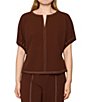 MELLODAY Coordinating Techno Crepe Topstitched Split Round Neck Dolman Sleeve Top - Image 1