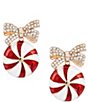 Merry & Bright Crystal Pave Bow Christmas Peppermint Candy Enamel Drop Earrings - Image 1