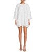 Color:3D White - Image 1 - 3D Floral Lace Embellished Mesh Crew Neck Long Flare Sleeve Shift Mini Dress