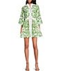 Color:Green Ivory - Image 1 - Carmen Floral Print Mandarin Collar 3/4 Full Sleeve Mini A-Line Dress