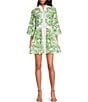 Mestiza New York Carmen Floral Print Mandarin Collar 3/4 Full Sleeve Mini A-Line Dress, Color:Green Ivory - Image 1