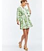 Color:Green Ivory - Image 4 - Carmen Floral Print Mandarin Collar 3/4 Full Sleeve Mini A-Line Dress
