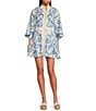 Mestiza New York Carmen Floral Print Mandarin Collar 3/4 Full Sleeve Tie-Waist Mini A-Line Dress, Color:Blue/Ivory - Image 1