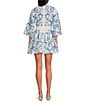 Mestiza New York Carmen Floral Print Mandarin Collar 3/4 Full Sleeve Tie-Waist Mini A-Line Dress, Color:Blue/Ivory - Image 2