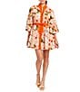 Mestiza New York Carmen Linen Dotted Floral Print Mandarin Collar 3/4 Full Sleeve Mini A-Line Dress, Color:Sunkissed Ivory - Image 1