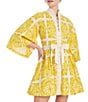 Mestiza New York Carmen Print Button Up Mandarin Collar Butterfly 3/4 Sleeve Bow Tie Waist Mini A-Line Dress, Color:Azulejo Yellow - Image 1