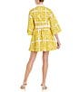 Mestiza New York Carmen Print Button Up Mandarin Collar Butterfly 3/4 Sleeve Bow Tie Waist Mini A-Line Dress, Color:Azulejo Yellow - Image 2