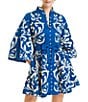 Mestiza New York Carmen Sateen Scroll Print Mandarin Collar 3/4 Full Sleeve Mini A-Line Dress, Color:Navy/Ivory - Image 1