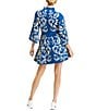 Mestiza New York Carmen Sateen Scroll Print Mandarin Collar 3/4 Full Sleeve Mini A-Line Dress, Color:Navy/Ivory - Image 2