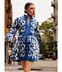 Mestiza New York Carmen Sateen Scroll Print Mandarin Collar 3/4 Full Sleeve Mini A-Line Dress, Color:Navy/Ivory - Image 5