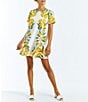 Color:Yellow Ivory - Image 1 - Cecily Reversible Lemon Print Stretch Crepe Tie Back Bow Short Sleeve Crew Neck Mini A-Line Dress