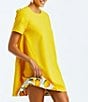 Color:Yellow Ivory - Image 2 - Cecily Reversible Lemon Print Stretch Crepe Tie Back Bow Short Sleeve Crew Neck Mini A-Line Dress