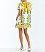 Color:Yellow Ivory - Image 3 - Cecily Reversible Lemon Print Stretch Crepe Tie Back Bow Short Sleeve Crew Neck Mini A-Line Dress