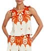 Mestiza New York Coordinating Payton Printed Boat Neck Sleeveless Bow Shoulder Top, Color:Sunset Ivory - Image 1