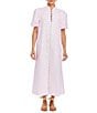 Mestiza New York Elliana Barong Woven Embroidered Mandarin Short Puff Sleeve Midi Dress, Color:Pink - Image 1
