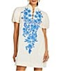 Mestiza New York Elliana Floral Embroidered Mandarin Collar Short Puff Sleeve Dress, Color:Ivory Royal - Image 1