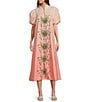 Mestiza New York Elliana Linen Blend Elliana Mandarin Collar Puff Sleeve Embroidered Button Front Midi Dress, Color:Pink Ombre - Image 1