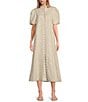 Mestiza New York Elliana Linen Blend Mandarin Collar Puff Sleeve Embroidered Button Front Midi Dress, Color:Flaxen - Image 1