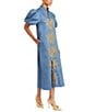 Mestiza New York Elliana Poplin Palm Leaf Embroidery Mandarin Collar Short Puff Sleeve Midi Dress, Color:French Blue - Image 1