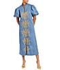 Mestiza New York Elliana Poplin Palm Leaf Embroidery Mandarin Collar Short Puff Sleeve Midi Dress, Color:French Blue - Image 2