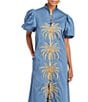 Mestiza New York Elliana Poplin Palm Leaf Embroidery Mandarin Collar Short Puff Sleeve Midi Dress, Color:French Blue - Image 3