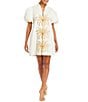 Mestiza New York Elliana Poplin Palm Tree Embroidery Mandarian Collar Short Puff Sleeve Dress, Color:Ivory - Image 1