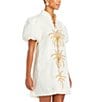 Mestiza New York Elliana Poplin Palm Tree Embroidery Mandarian Collar Short Puff Sleeve Dress, Color:Ivory - Image 3