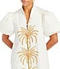 Mestiza New York Elliana Poplin Palm Tree Embroidery Mandarian Collar Short Puff Sleeve Dress, Color:Ivory - Image 4
