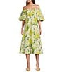 Color:Yellow - Image 1 - Emilie Linen Blend Floral Off-the-Shoulder Puff Sleeve Sweetheart Neck A-Line Midi Dress