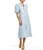 Color:Ocean Blue - Image 1 - Linen Blend Elliana Mandarin Collar Puff Sleeve Embroidered Button Front Midi Dress