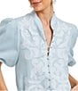 Color:Ocean Blue - Image 5 - Linen Blend Elliana Mandarin Collar Puff Sleeve Embroidered Button Front Midi Dress