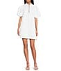 Mestiza New York Linen Blend Elliana Mandarin Collar Puff Sleeve Embroidered Button Front Mini Dress, Color:Ivory - Image 1