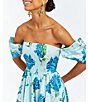 Color:Blue/Green - Image 6 - Odette Floral Bouquet Printed Cotton Sateen Off-The-Shoulder Short Sleeve Pocketed Midi A-Line Dress