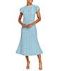Mestiza New York Perla Tweed Crew Neck Corded Rhinestone Bow Cap Puff Sleeve Midi Dress, Color:Periwinkle Blue - Image 1
