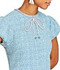 Mestiza New York Perla Tweed Crew Neck Corded Rhinestone Bow Cap Puff Sleeve Midi Dress, Color:Periwinkle Blue - Image 4