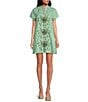 Mestiza New York Rowen Linen Blend Mandarin Collar Short Sleeve Embroidered Button Front Mini Shift Dress, Color:Sage Green - Image 1