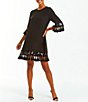 Color:Black/Black - Image 1 - Shimmy Tassel & Sequin Trim Elbow Sleeve Shift Mini Dress