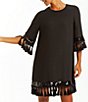 Color:Black/Black - Image 4 - Shimmy Tassel & Sequin Trim Elbow Sleeve Shift Mini Dress