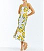 Color:Yellow/Ivory - Image 4 - Tropez Stretch Crepe Lemon Print Square Neck Bow Strap Reversible Midi Fit and Flare Dress