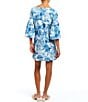 Color:Blue Tropical Toile - Image 2 - Vivienne Stretch Crepe Toile Print Square Neck 3/4 Sleeve Mini Shift Dress