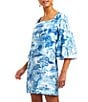 Color:Blue Tropical Toile - Image 3 - Vivienne Stretch Crepe Toile Print Square Neck 3/4 Sleeve Mini Shift Dress