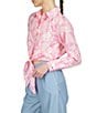 Color:Bouquet - Image 3 - Collared Neckline Long Sleeve Palm Print Tie Shirt