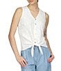 Color:White - Image 1 - Crinkle Knit Eyelet V-Neck Sleeveless Button Down Tie Front Tank
