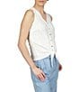 Color:White - Image 4 - Crinkle Knit Eyelet V-Neck Sleeveless Button Down Tie Front Tank