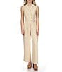 Color:Buff - Image 1 - Drapey Crepe Collared Neck Sleeveless Tie Waist Sash Trench Jumpsuit