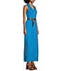 Color:Milos Blue - Image 3 - Linen Blend Point Collar V-Neck Sleeveless Button Front Belted A-Line Maxi Dress
